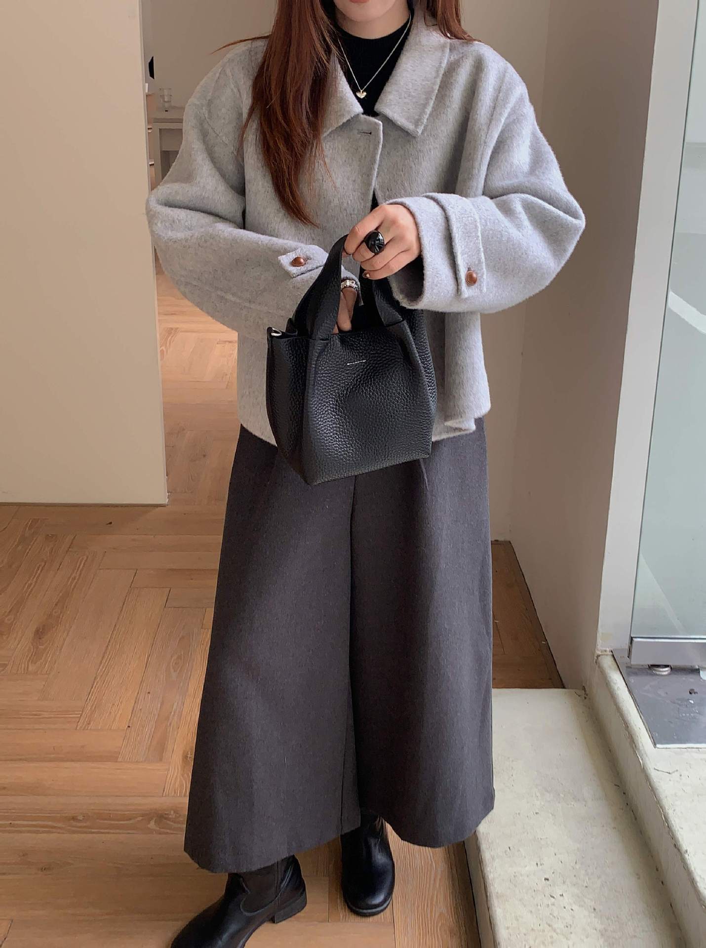 Leather basket bucket bag women cowhide