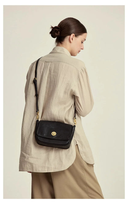Small Genuine Leather Shoulder Bag with Flap Closure Black