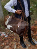 Brown White Cowhide Duffle Bag with Shoulder Strap