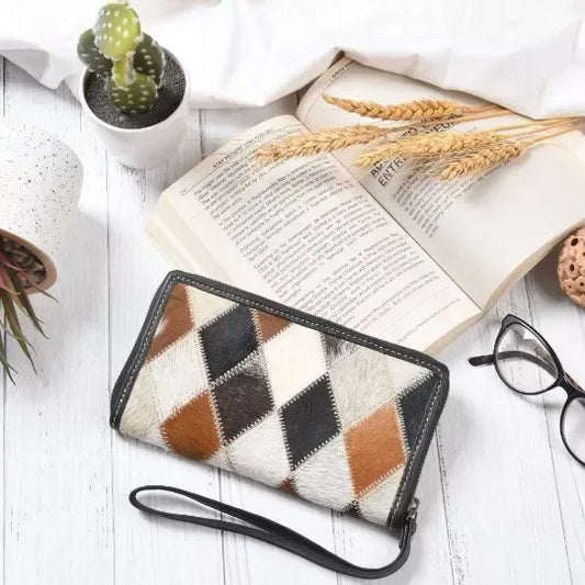 Cowhide Patchwork Clutch Wallet with Hair-On Hide