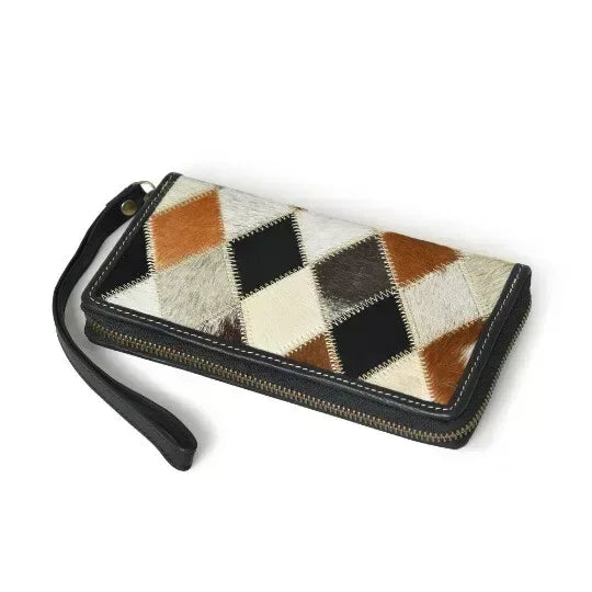 Cowhide Patchwork Clutch Wallet with Hair-On Hide
