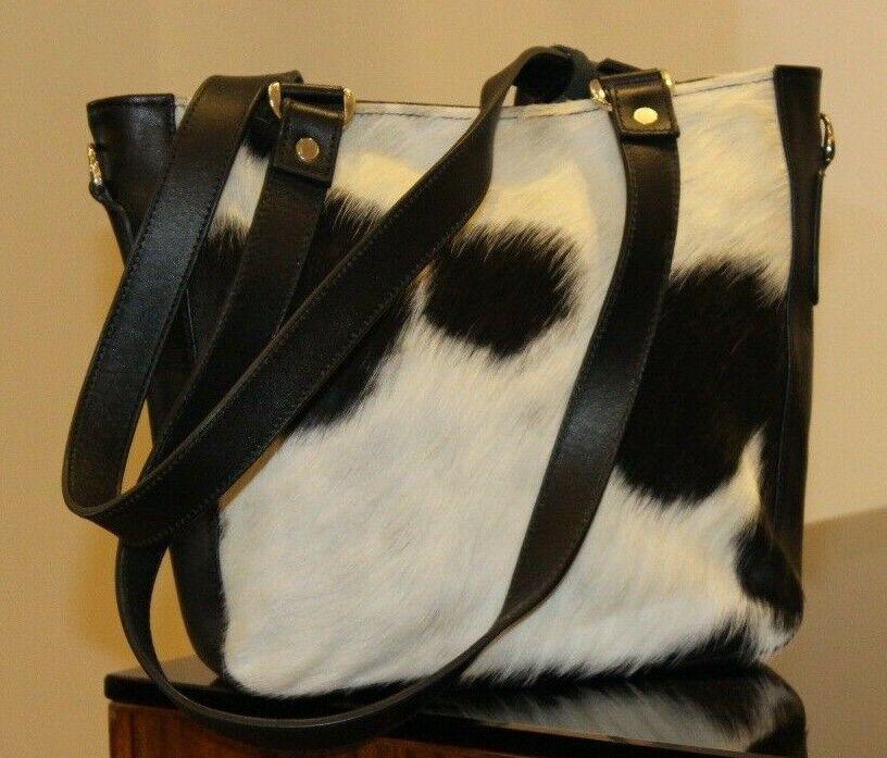 Real Cowhide Crossbody Bag Messenger Purse Black White