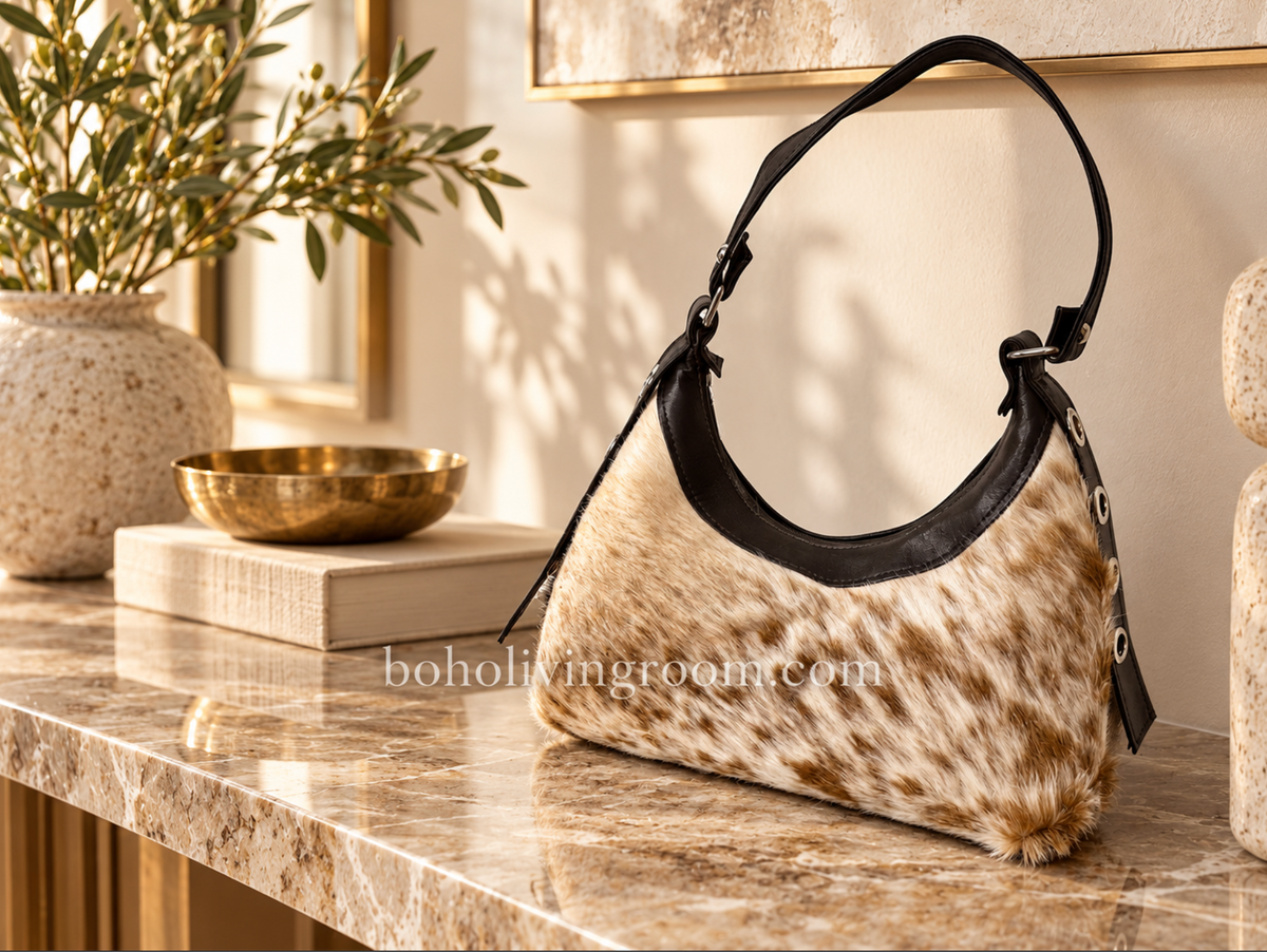 Cowhide shoulder bag with camel and white hair-on hide, black trim, curved shape, and dark shoulder strap.