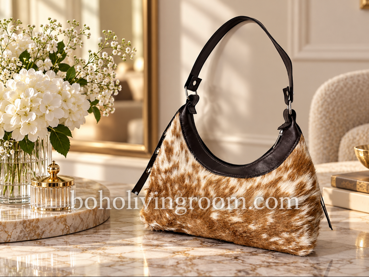 Cowhide shoulder bag with warm tan and white natural hide markings, black upper trim, and metal strap hardware.