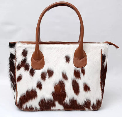 Brown and White Cowhide Tote Bag with Leather Handles