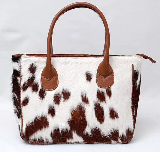Brown and White Cowhide Tote Bag with Leather Handles