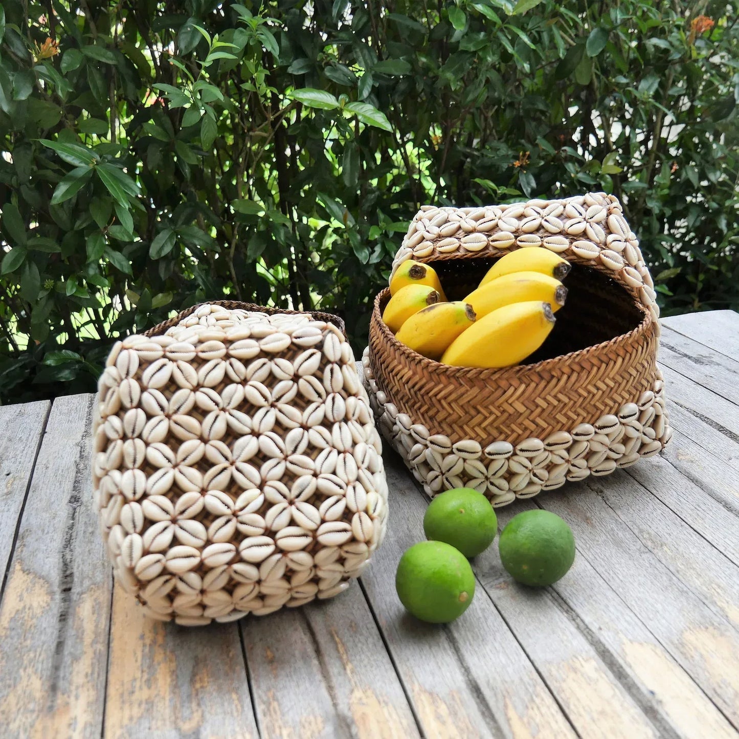 Balinese Cowrie Shell Basket Set Decor With Woven Lid