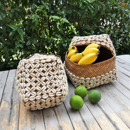 Balinese Cowrie Shell Basket Set Decor With Woven Lid
