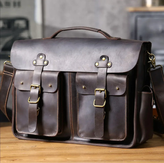 Crazy Horse Leather Messenger Bag for Men 16 Inch Laptop Briefcase 1