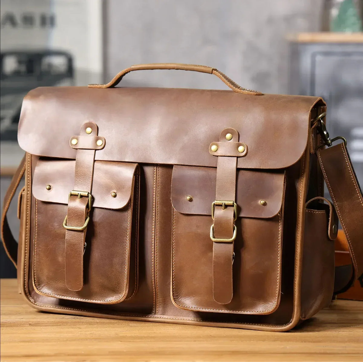 Crazy Horse Leather Messenger Bag for Men 16 Inch Laptop Briefcase 2