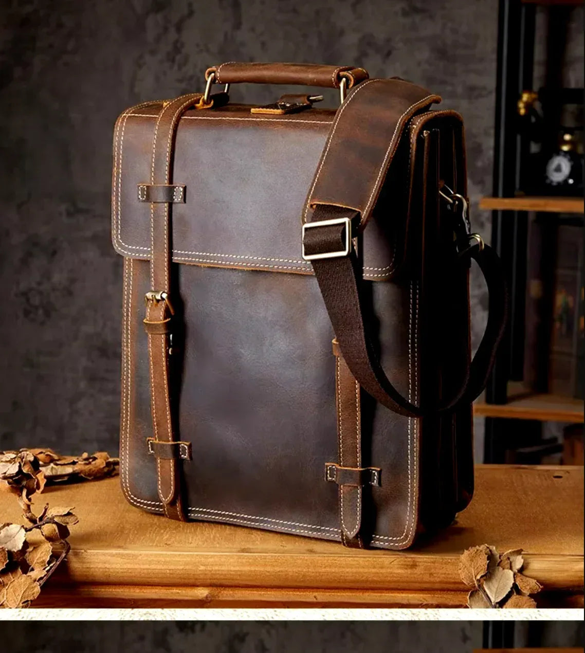 Crazy Horse Leather Messenger Bag With Adjustable Shoulder Strap