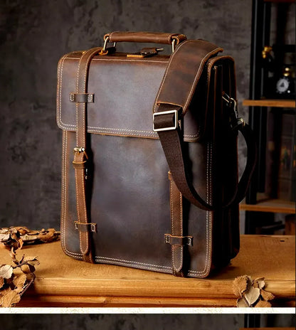 Crazy Horse Leather Messenger Bag With Adjustable Shoulder Strap