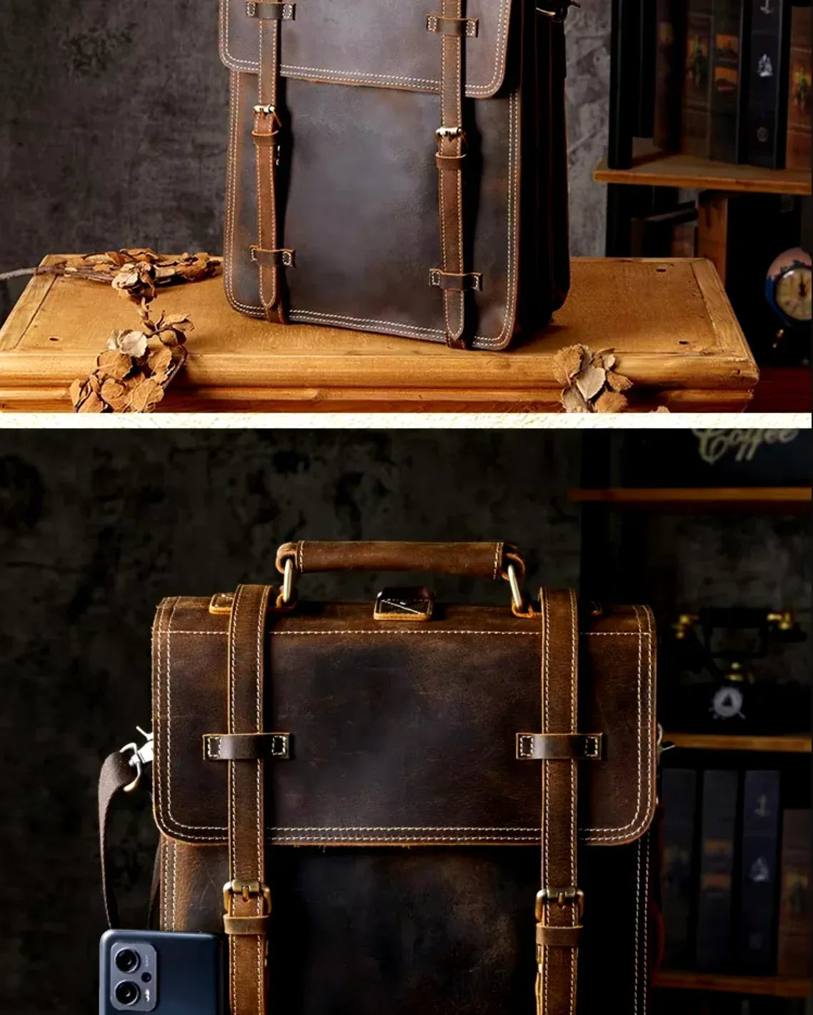 Crazy Horse Leather Messenger Bag With Adjustable Shoulder Strap