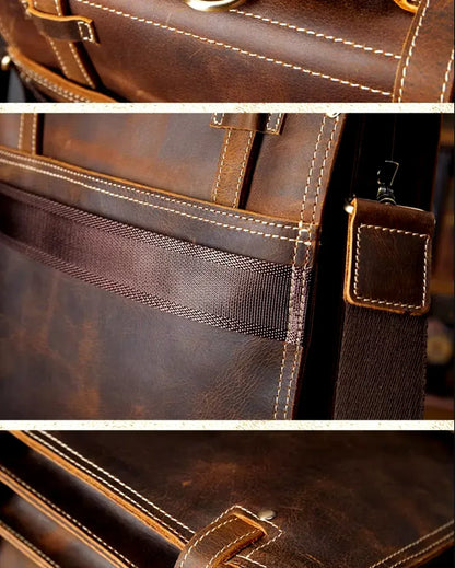 Crazy Horse Leather Messenger Bag With Adjustable Shoulder Strap