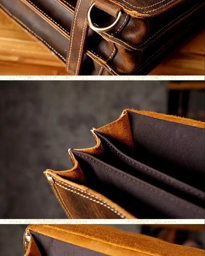 Crazy Horse Leather Messenger Bag With Adjustable Shoulder Strap