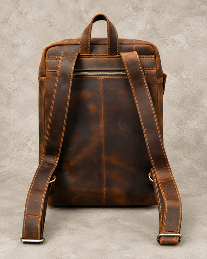 Dark Brown Leather Backpack in Crazy Horse Cowhide with Front Pockets