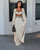 Cream polka dot square neck crop top and high waist maxi skirt set