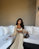 Cream polka dot square neck crop top and high waist maxi skirt set