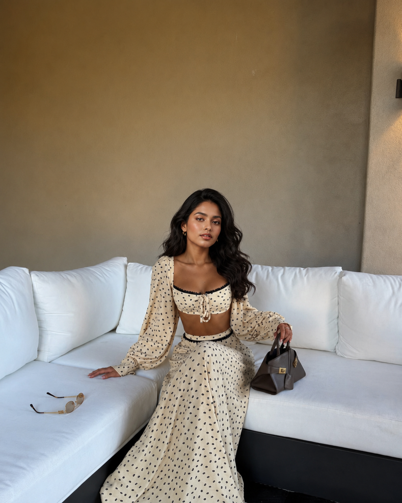 Cream polka dot square neck crop top and high waist maxi skirt set