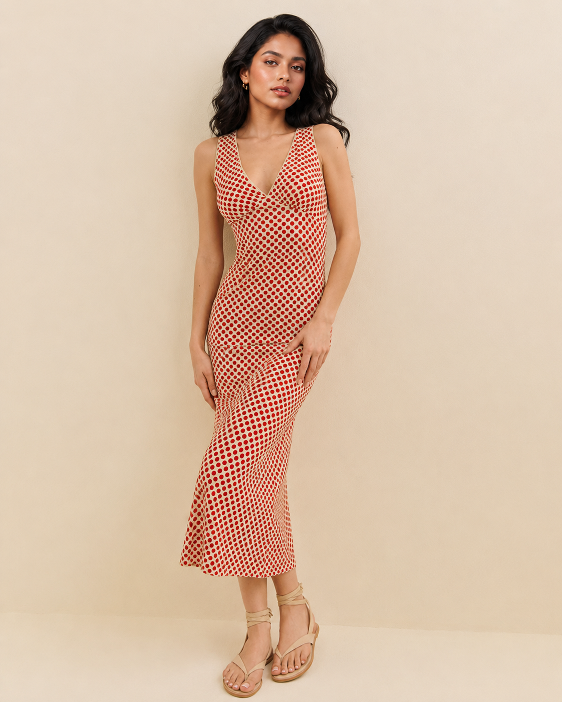 Cream and red polka dot midi dress with a sleeveless V-neck and softly flared lower skirt.