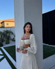 Cream polka dot square neck crop top and high waist maxi skirt set