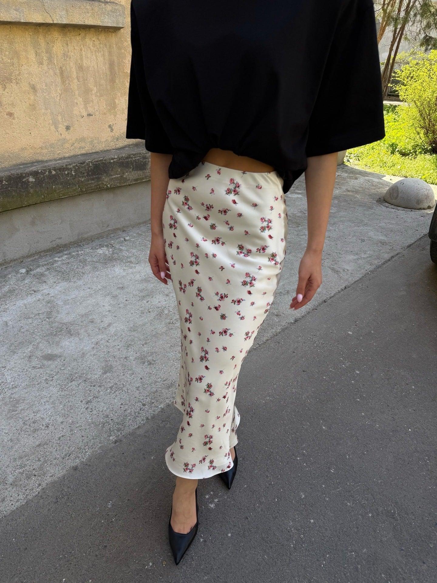 Cream Floral Satin Midi Skirt with High Waist