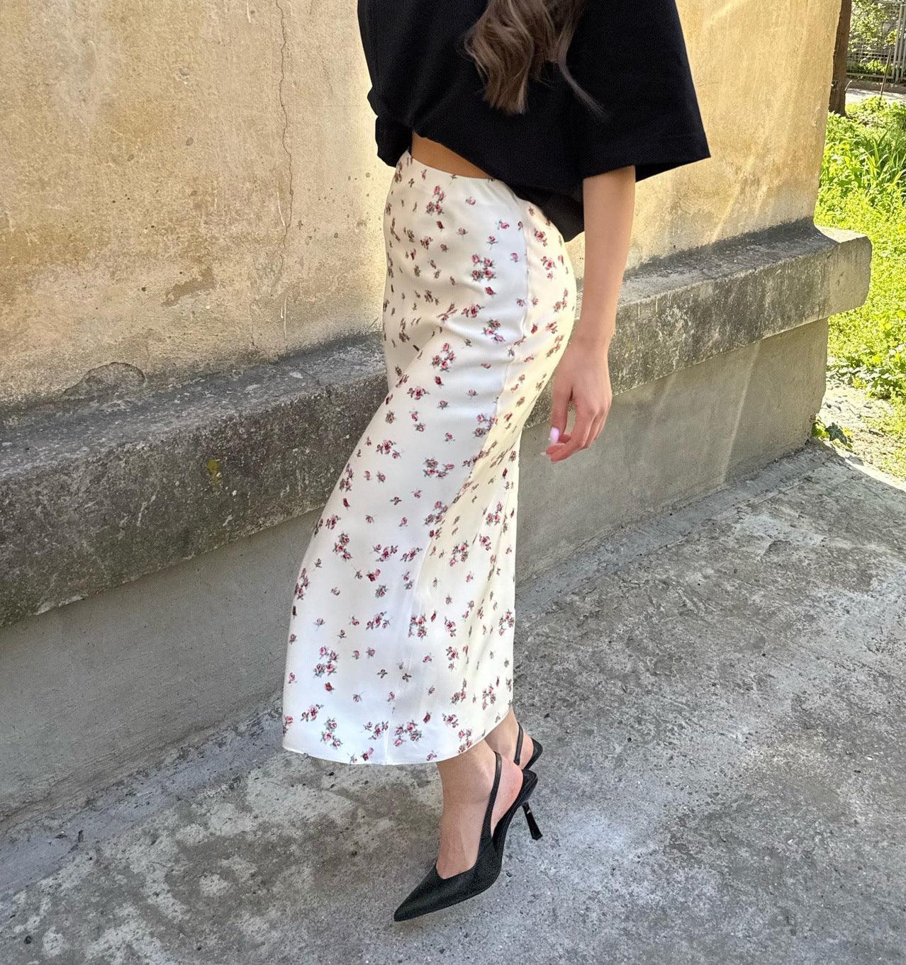 Cream Floral Satin Midi Skirt with High Waist