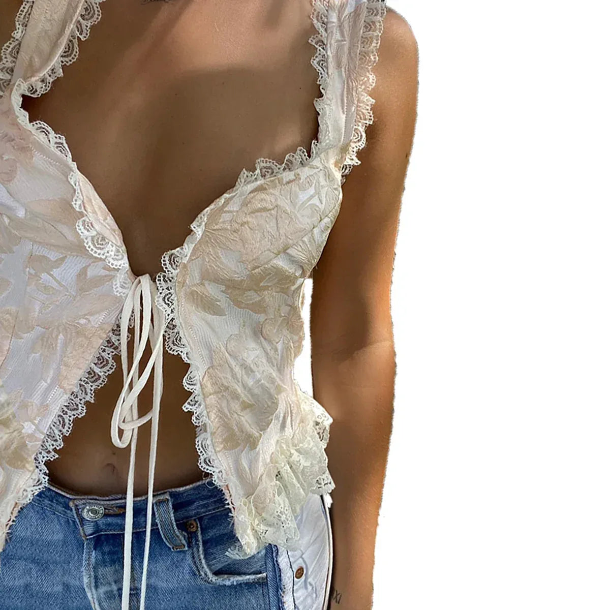 Women's Lace Up Camisole Cream Ruffle Cami Top 2 XS