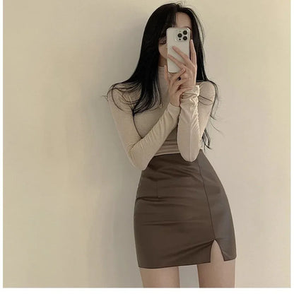 Women’s Faux Leather Mini Skirt with Front Slit