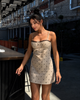 Cream polka dot corset mini dress with black lace trim
