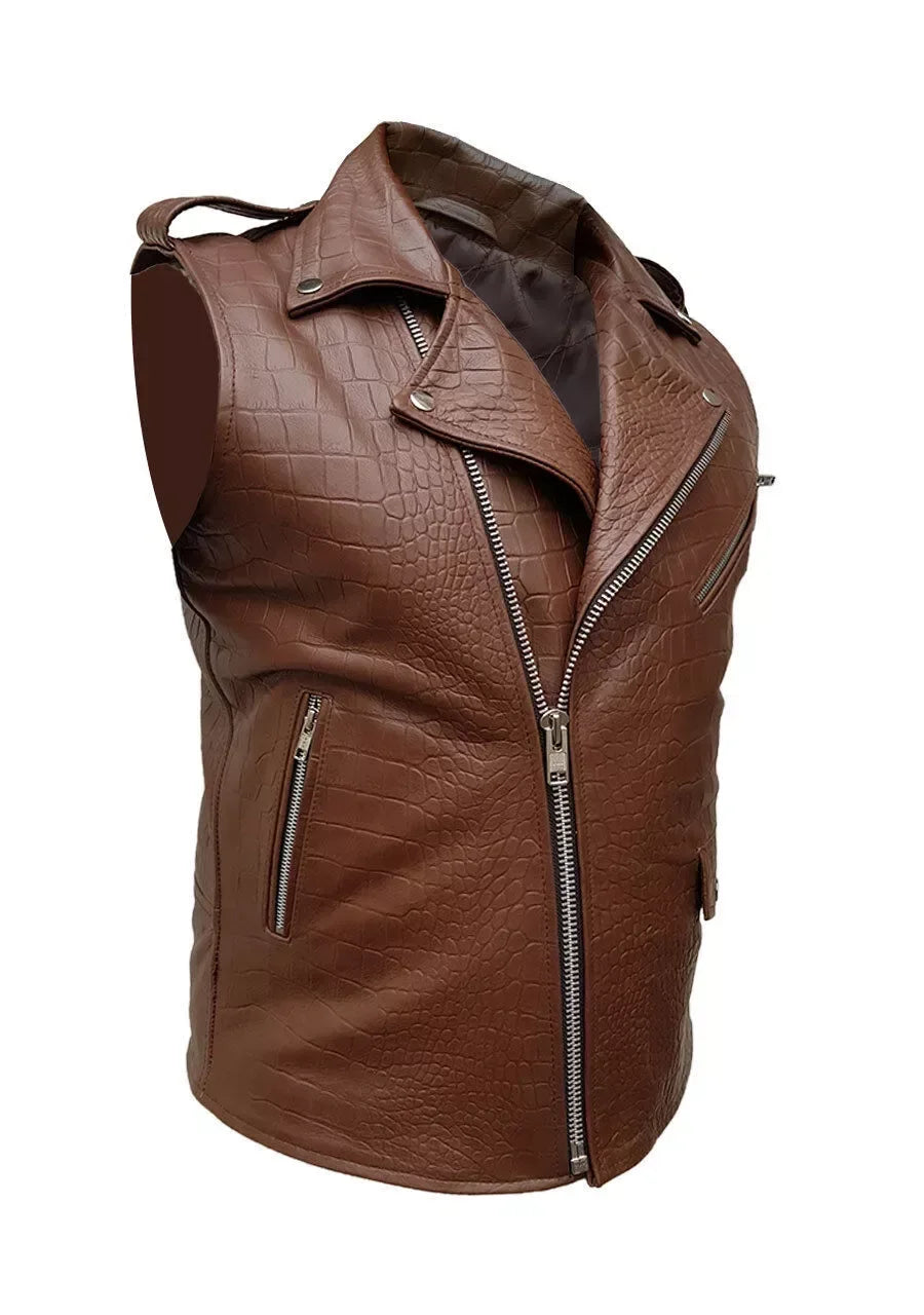 Men’s Brown Croc Embossed Leather Biker Vest
