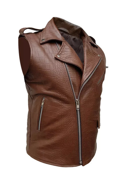 Men’s Brown Croc Embossed Leather Biker Vest