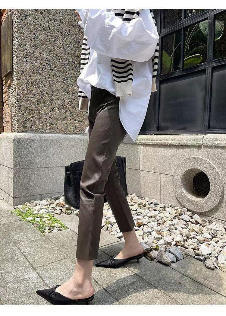 Women Leather Pants Brown High Waist