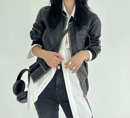 Cropped Leather Jacket for Women in Black with Contrast Stitching