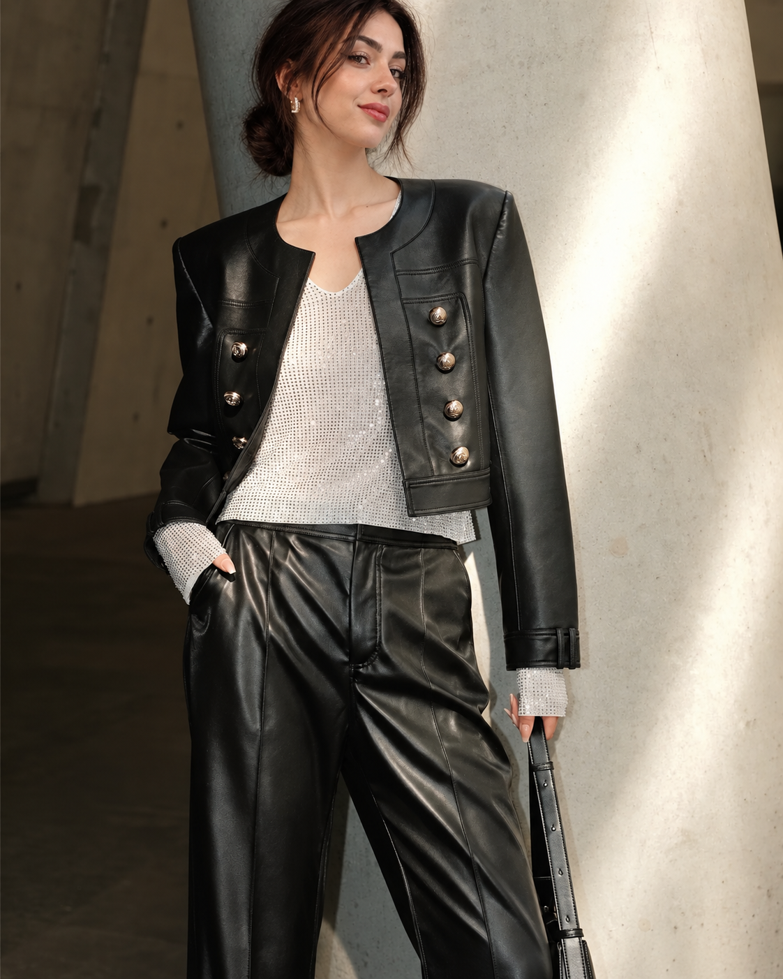 Cropped Leather Jacket for Women in Pink with Gold Buttons