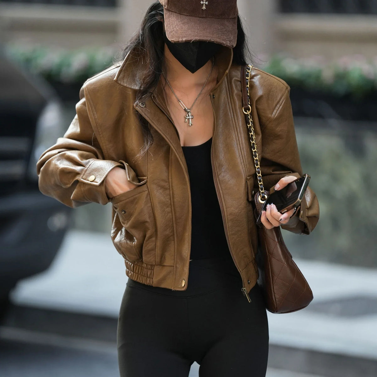 Cropped Leather Jacket for Women with Zip Front and Gathered Hem Brown S