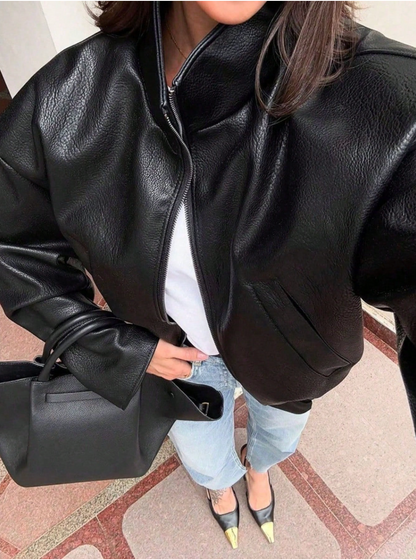 Short leather jacket for women with tailored cropped fit for contemporary proportions