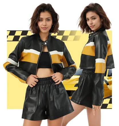 Cropped Faux Leather Biker Jacket in Yellow Black