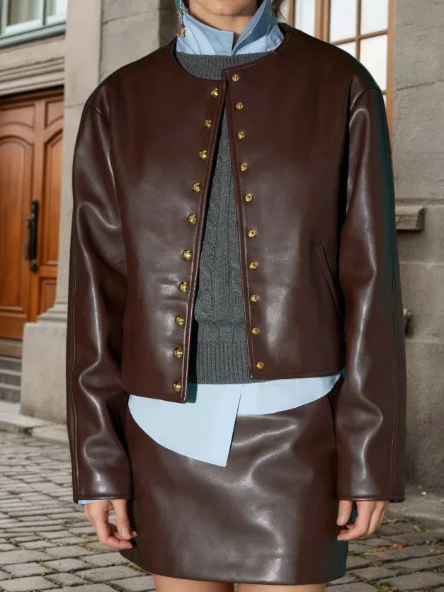 Women's Brown Faux Leather Jacket with Gold Buttons