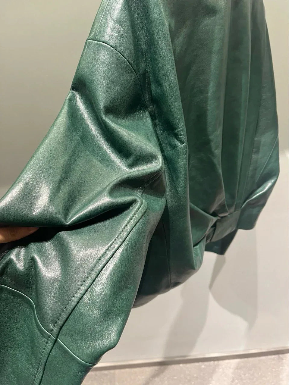 Women's Green Sheepskin Cropped Bomber Jacket