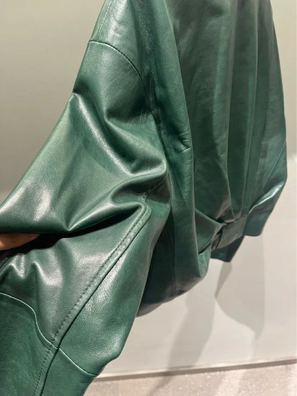Women's Green Sheepskin Cropped Bomber Jacket