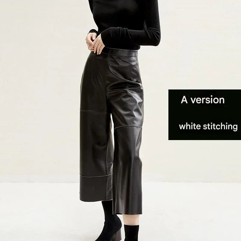 Women’s Cropped Lambskin Leather Wide Leg Pants 2 S