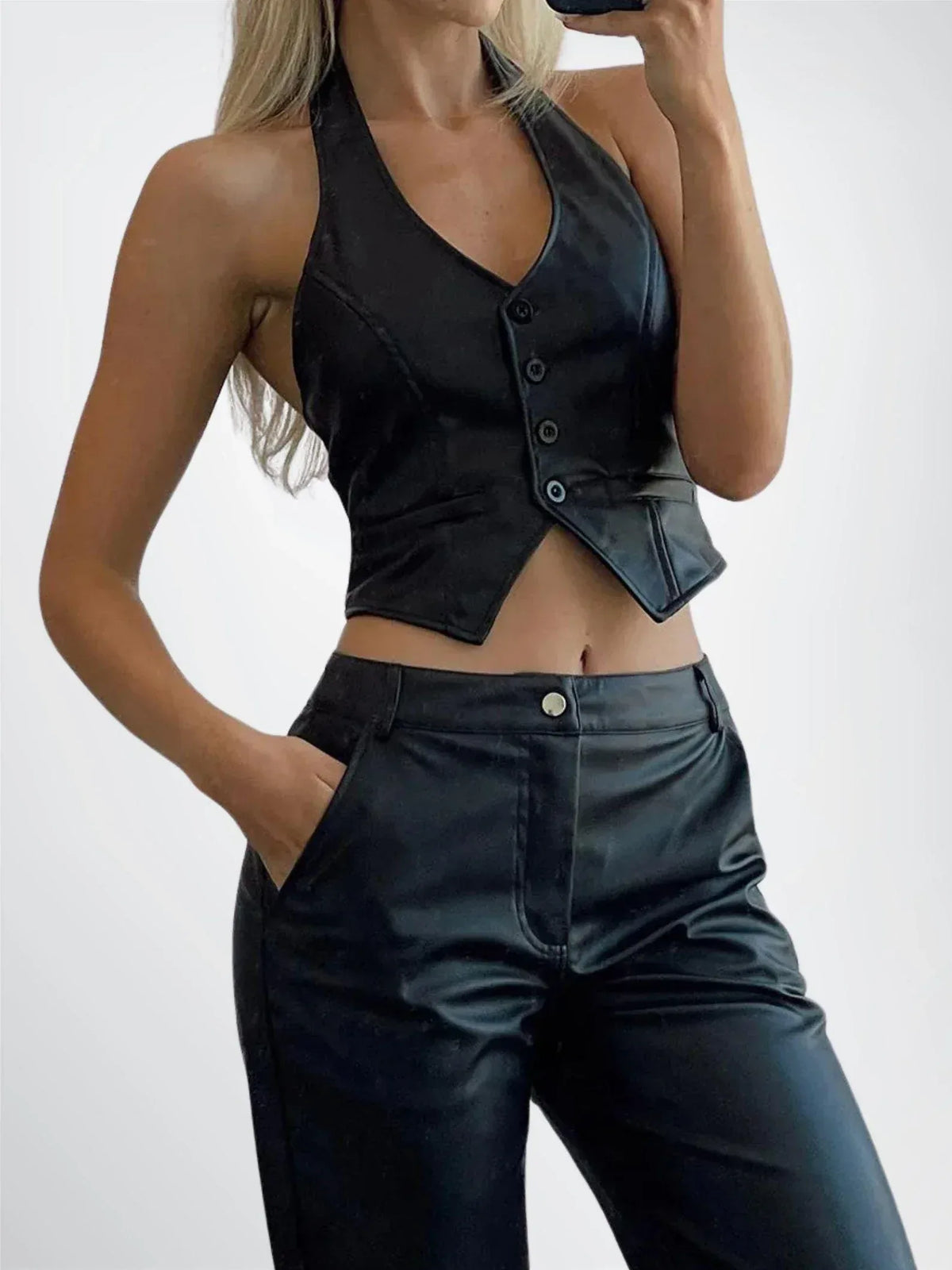 Women Cropped Leather Vest Black Halter Button
