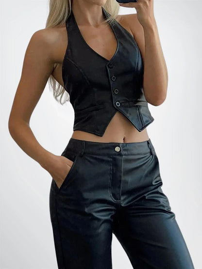 Women Cropped Leather Vest Black Halter Button
