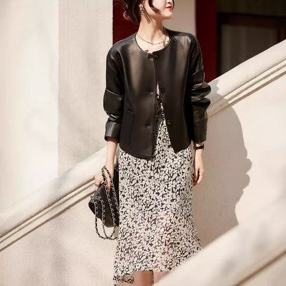 Round neck cropped sheepskin leather jacket