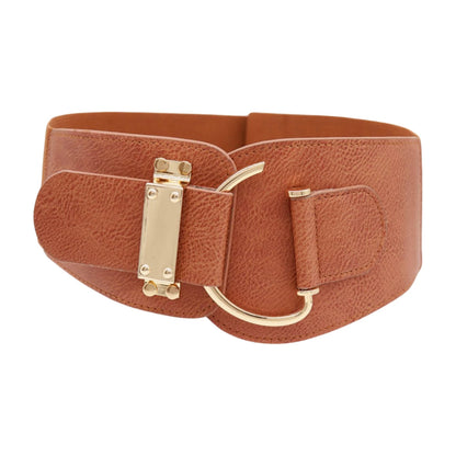 Adjustable wide waist belt faux leather women gold hook