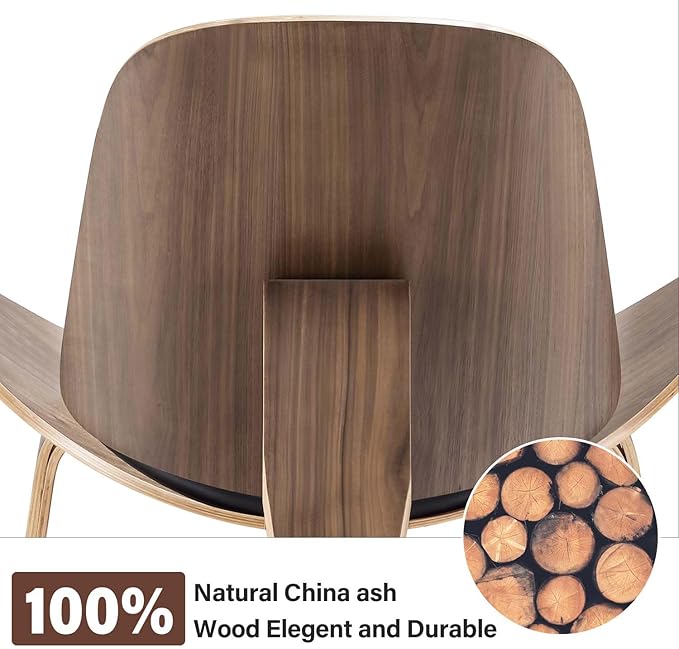 Mid century solid wood leather shell lounge chair