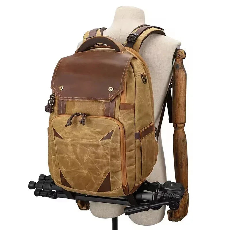Waxed Canvas Camera Backpack with Leather
