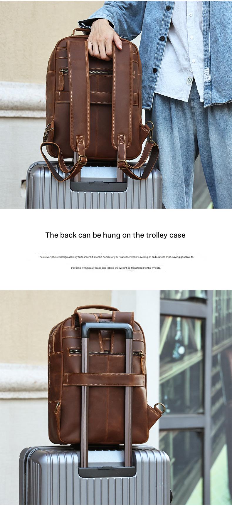 Men’s Leather Backpack with Trolley Sleeve 15.6-Inch Laptop