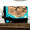 Women western tooled leather wristlet clutch Blue
